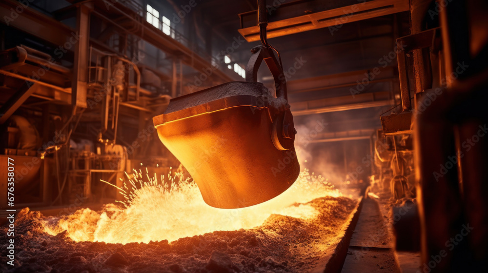 Foundry ladle pouring molten metal in steel industry factory.