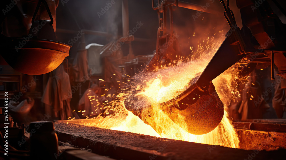 Foundry ladle pouring molten metal in steel industry factory.