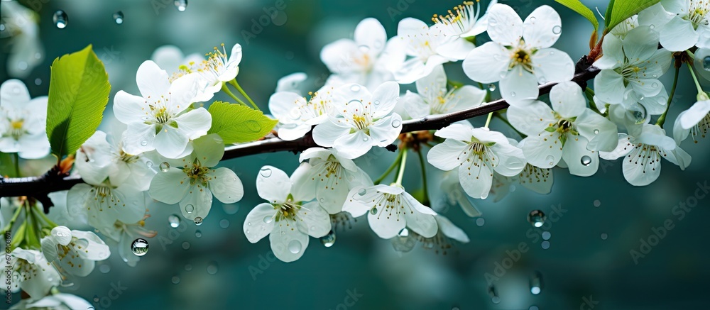 The abstract pattern of white flowers on the tree leaves adds a beautiful touch to the green background capturing the essence of nature in this spring garden with its textured water and vibr