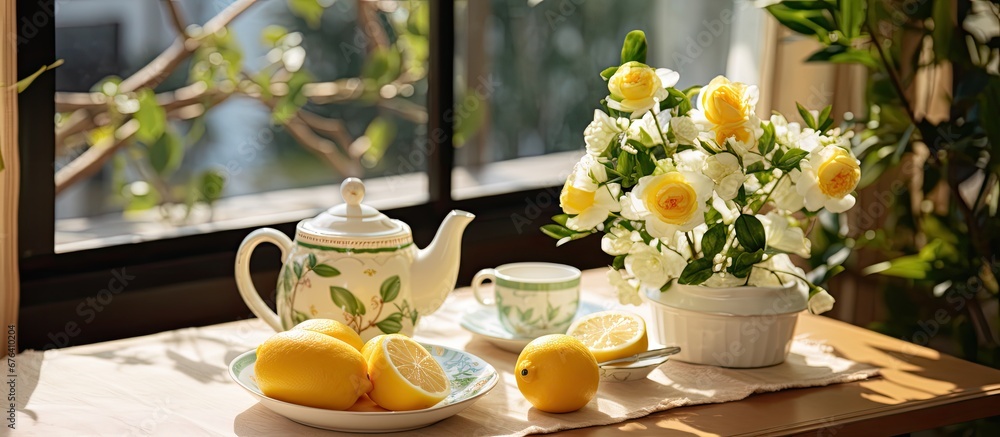 On the vintage table the white retro teapot is surrounded by a beautiful flower arrangement adding a touch of nature to the background with its vibrant leaves and the refreshing scent of gre