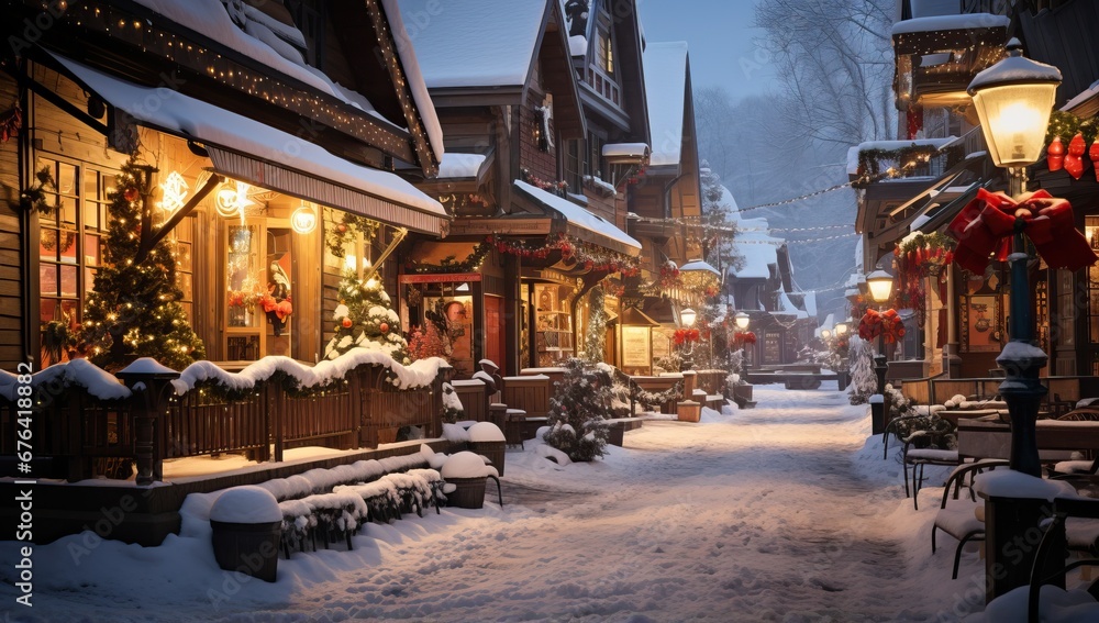 Snowy Christmas Village Illuminated at Night