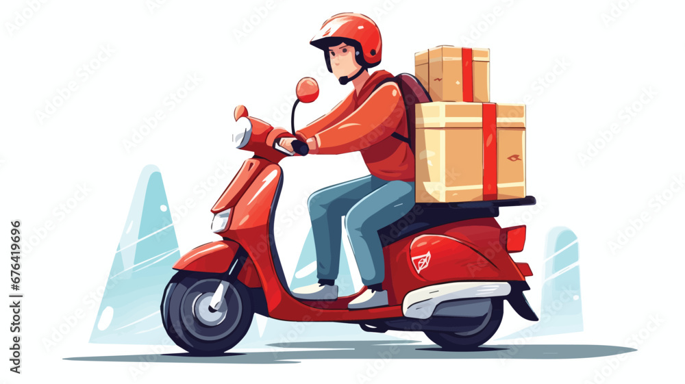 Minimalist vector illustration of a delivery man driving a scooter on a white background.