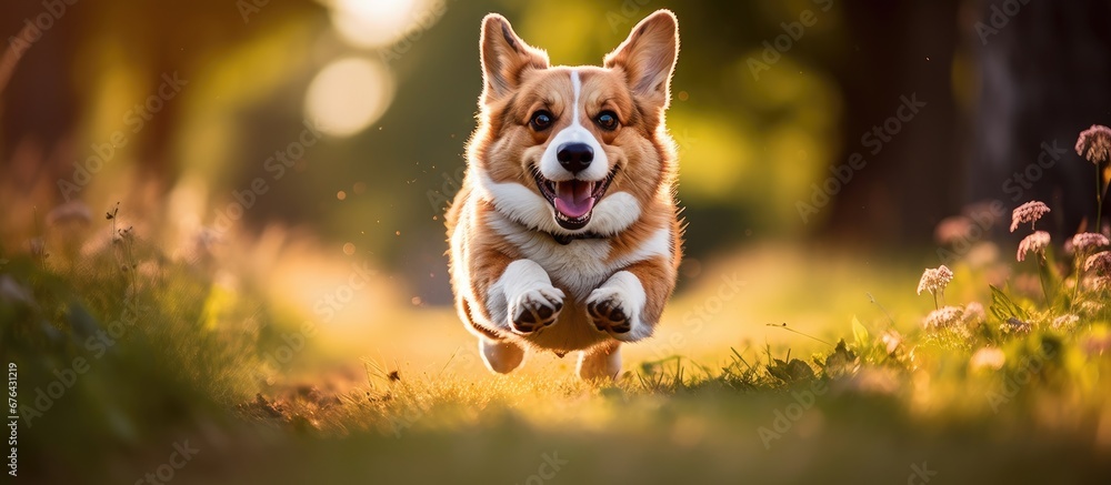 During the summer a happy dog enjoys running in the park capturing the cute and funny portrait of this energetic animal while embracing the city s nature and fostering a healthy and fun fil