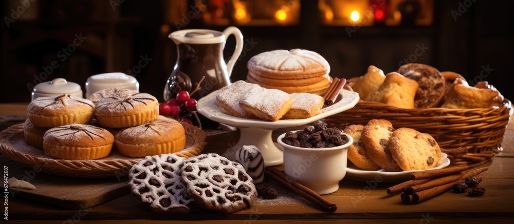 In Spain the bakery served a delicious breakfast with a variety of foods including chocolate desserts on a white table made of smooth wood creating a warm background for a cozy coffee and pa