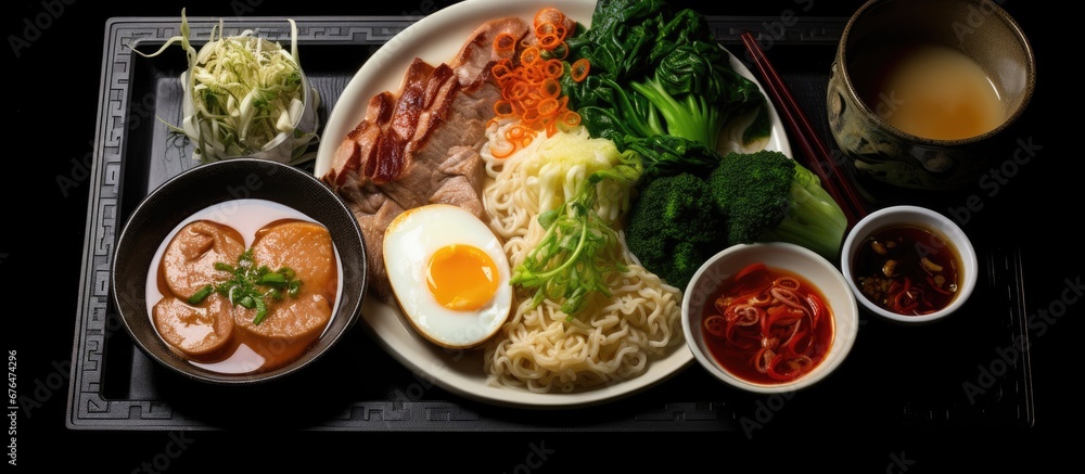 For tonight s dinner I prepared a delicious Asian meal with a top view of green vegetables Japanese style pasta Chinese meat and cheese dumplings and a satisfying egg drop soup