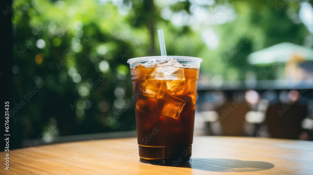 A black iced coffee on the table at a coffee shop.