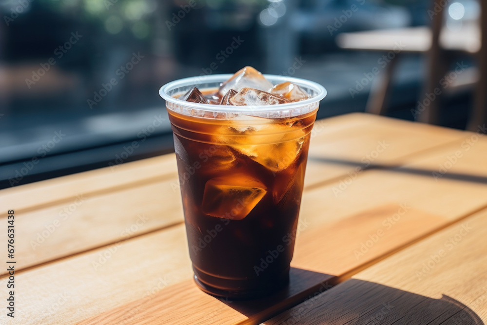 A black iced coffee on the table at a coffee shop.