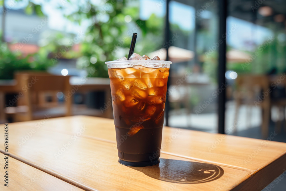 A black iced coffee on the table at a coffee shop.