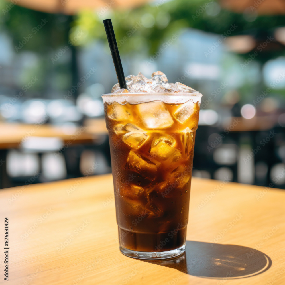 A black iced coffee on the table at a coffee shop.