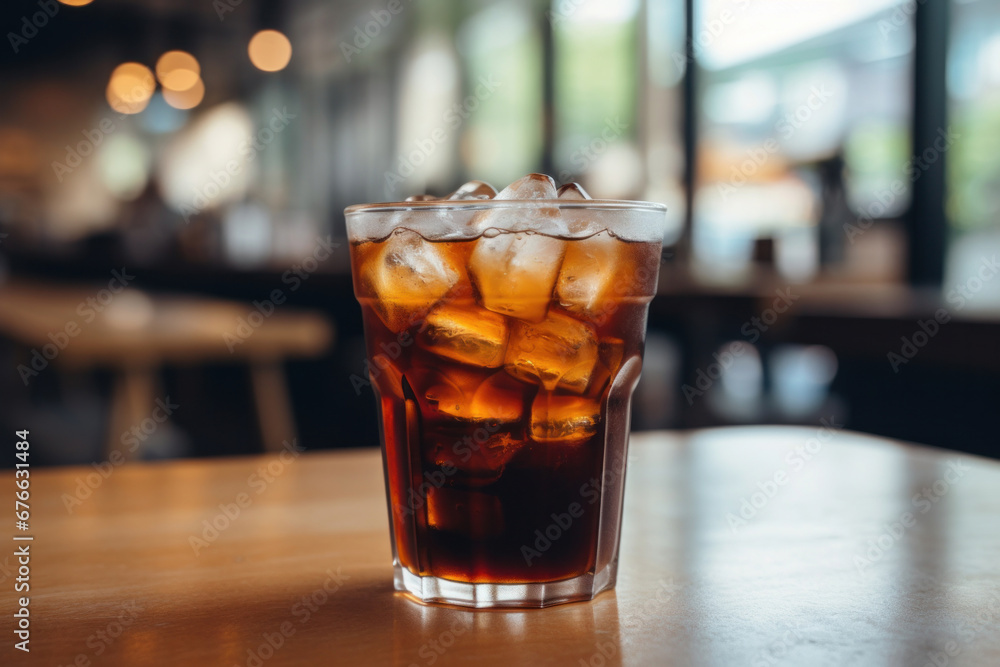 A black iced coffee on the table at a coffee shop.