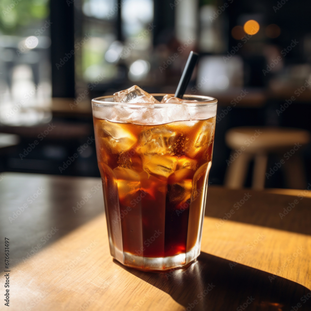 A black iced coffee on the table at a coffee shop.