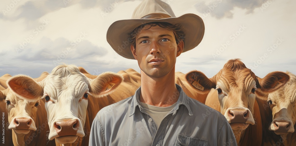 A traditional farmer in overalls and straw hat stands in a picturesque countryside, surrounded by grazing cows. The image depicts the rural farming lifestyle