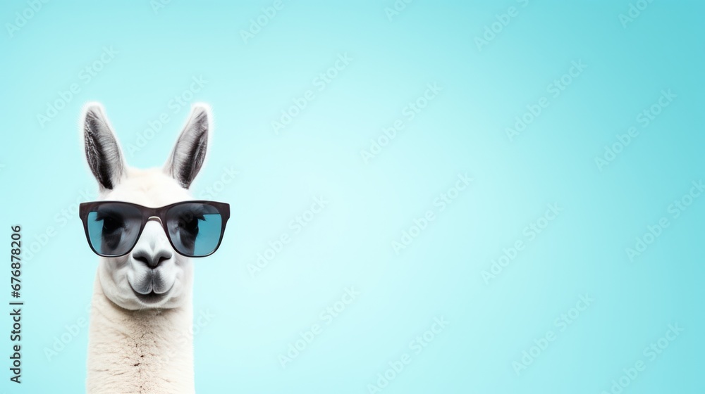 A llama sporting some cool shades and set against a solid pastel backdrop