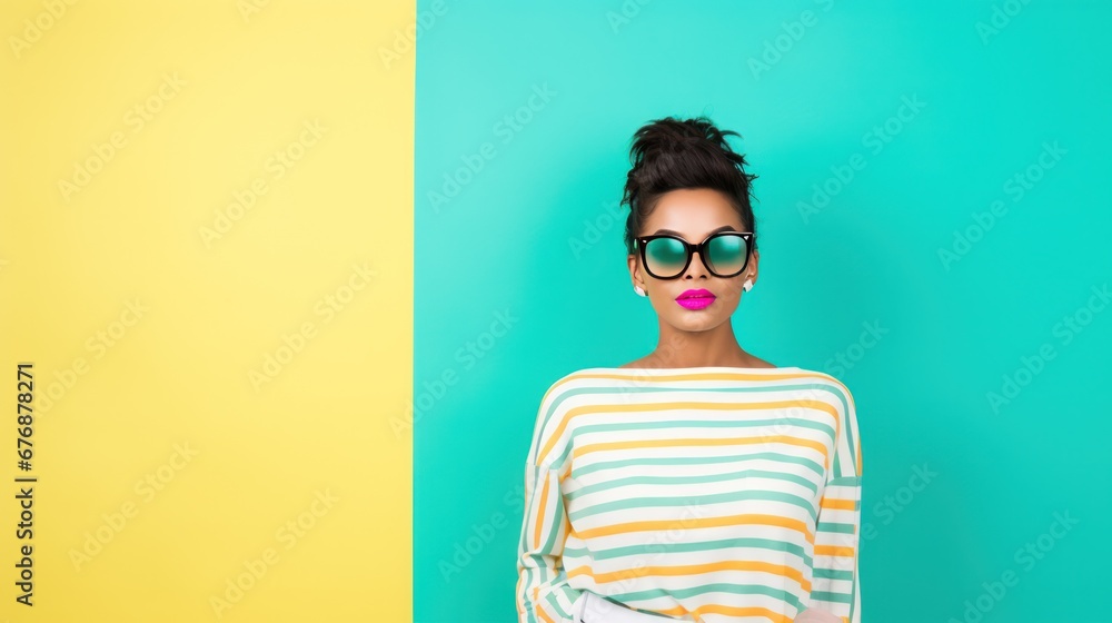 A beautiful girl sporting some cool shades and set against a solid pastel backdrop