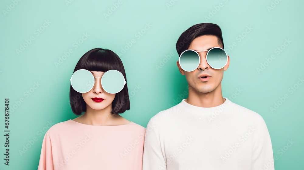 A beautiful girl and guy sporting some cool shades and set against a solid pastel backdrop