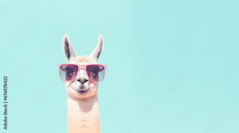 A llama sporting some cool shades and set against a solid pastel backdrop