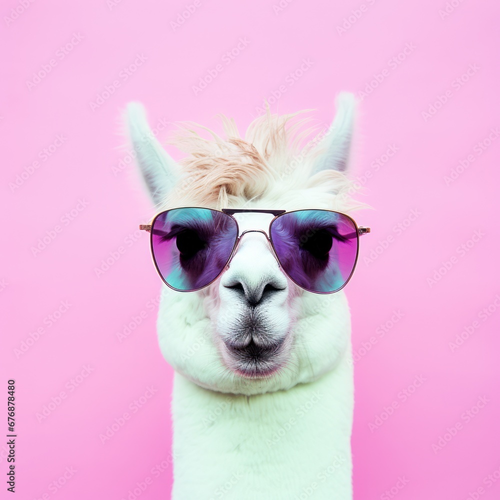 A llama sporting some cool shades and set against a solid pastel backdrop