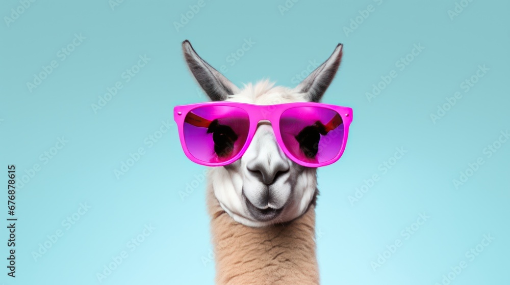 A llama sporting some cool shades and set against a solid pastel backdrop