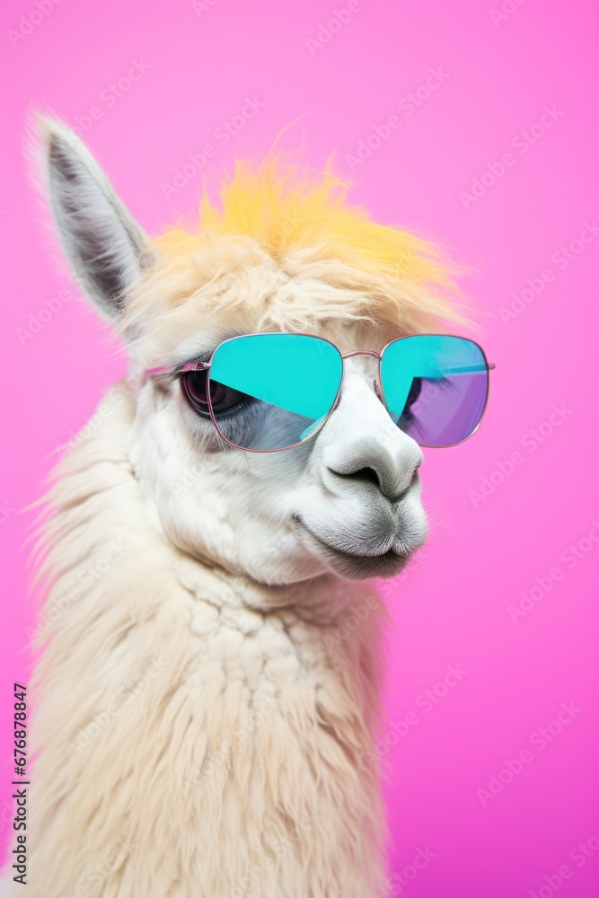 A llama sporting some cool shades and set against a solid pastel backdrop