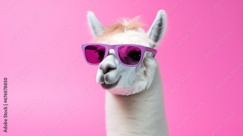 A llama sporting some cool shades and set against a solid pastel backdrop