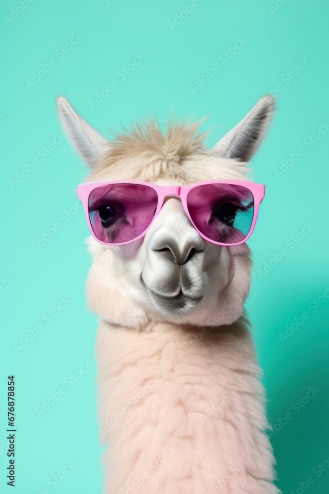 A llama sporting some cool shades and set against a solid pastel backdrop