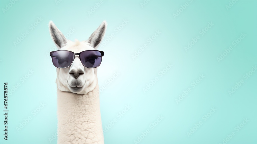 A llama sporting some cool shades and set against a solid pastel backdrop