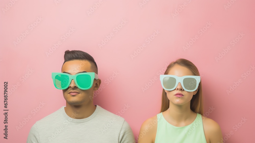 A beautiful girl and guy sporting some cool shades and set against a solid pastel backdrop