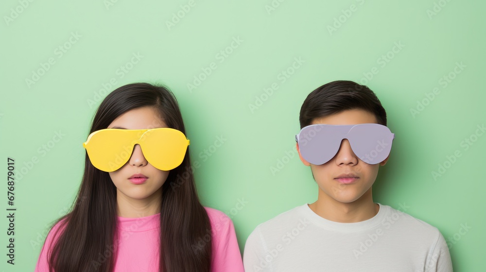 A beautiful girl and guy sporting some cool shades and set against a solid pastel backdrop