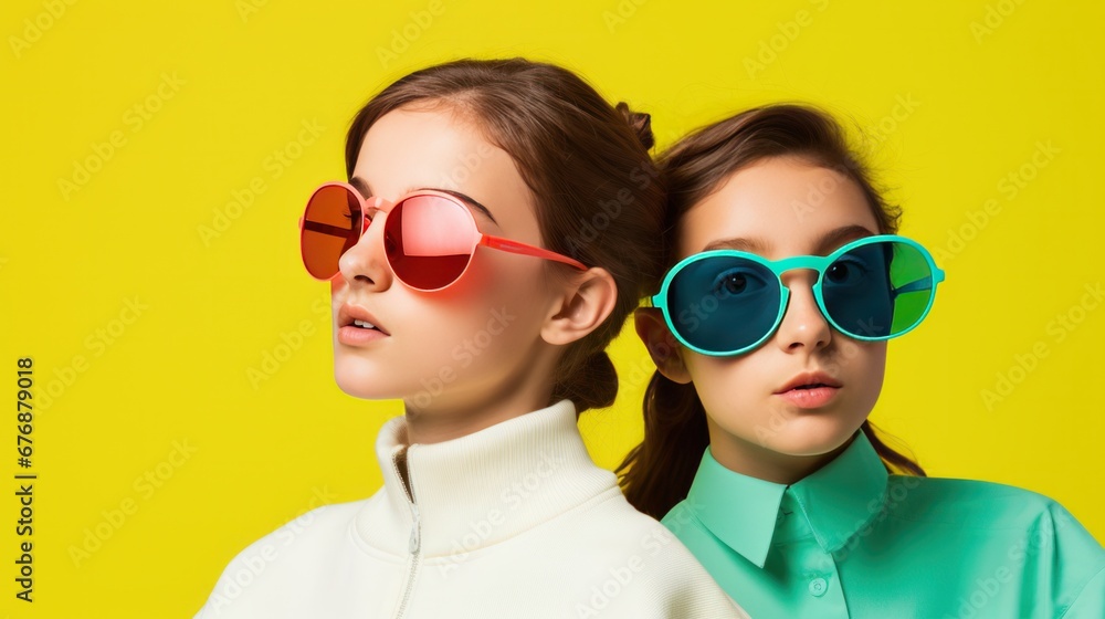 A beautiful girl and guy sporting some cool shades and set against a solid pastel backdrop