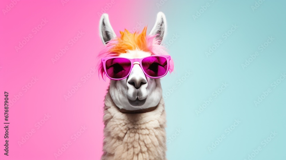 A llama sporting some cool shades and set against a solid pastel backdrop