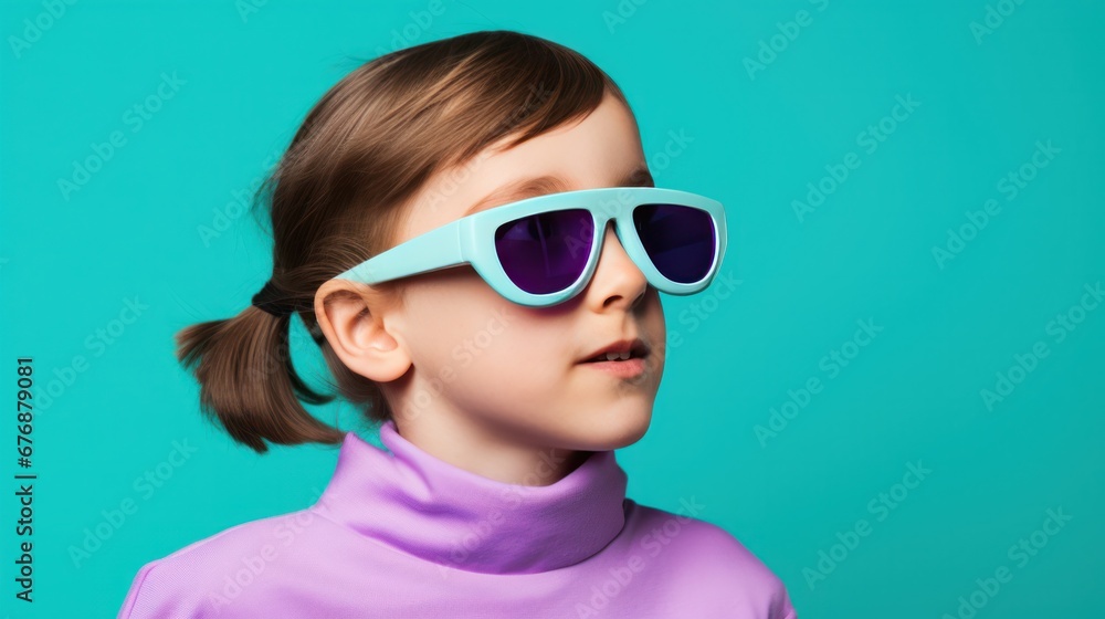 A beautiful girl sporting some cool shades and set against a solid pastel backdrop