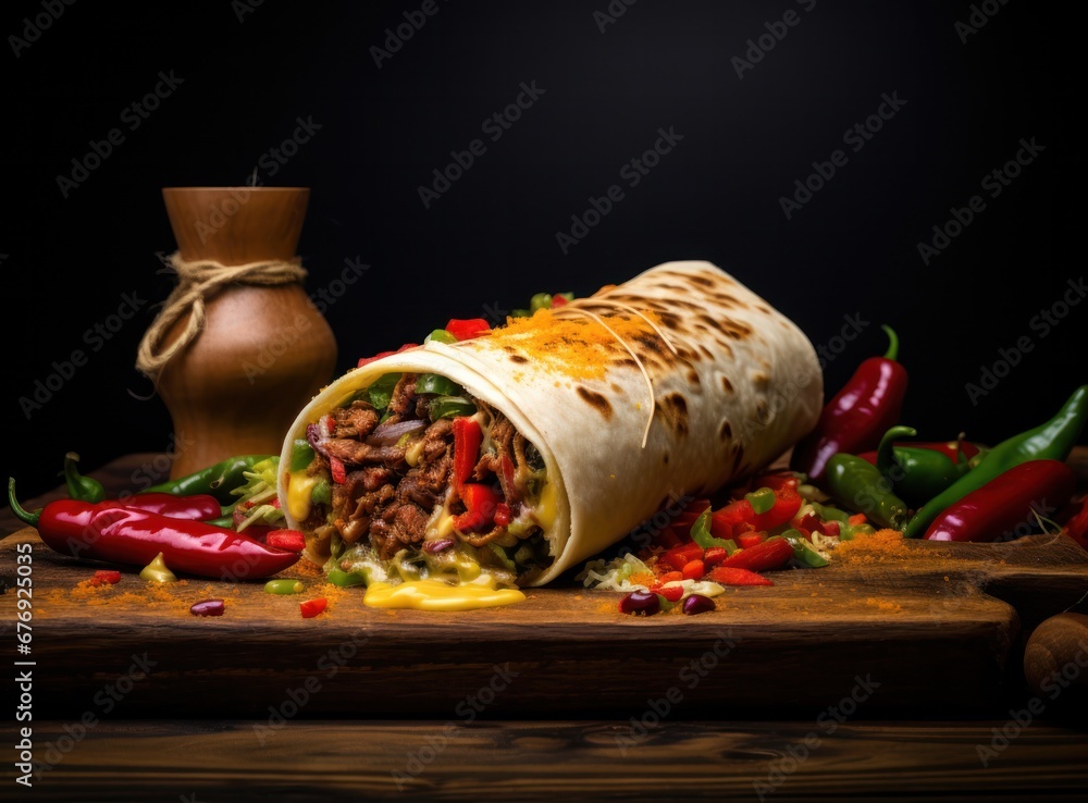 Burrito with meat, vegetables and spices on a wooden board