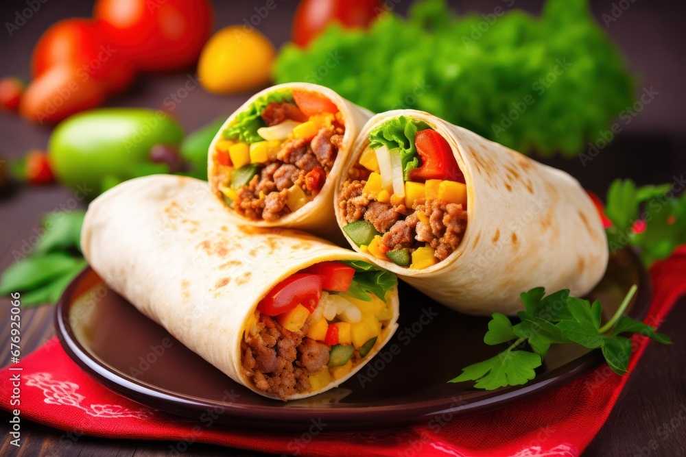 Burrito with meat, vegetables and spices on a wooden board