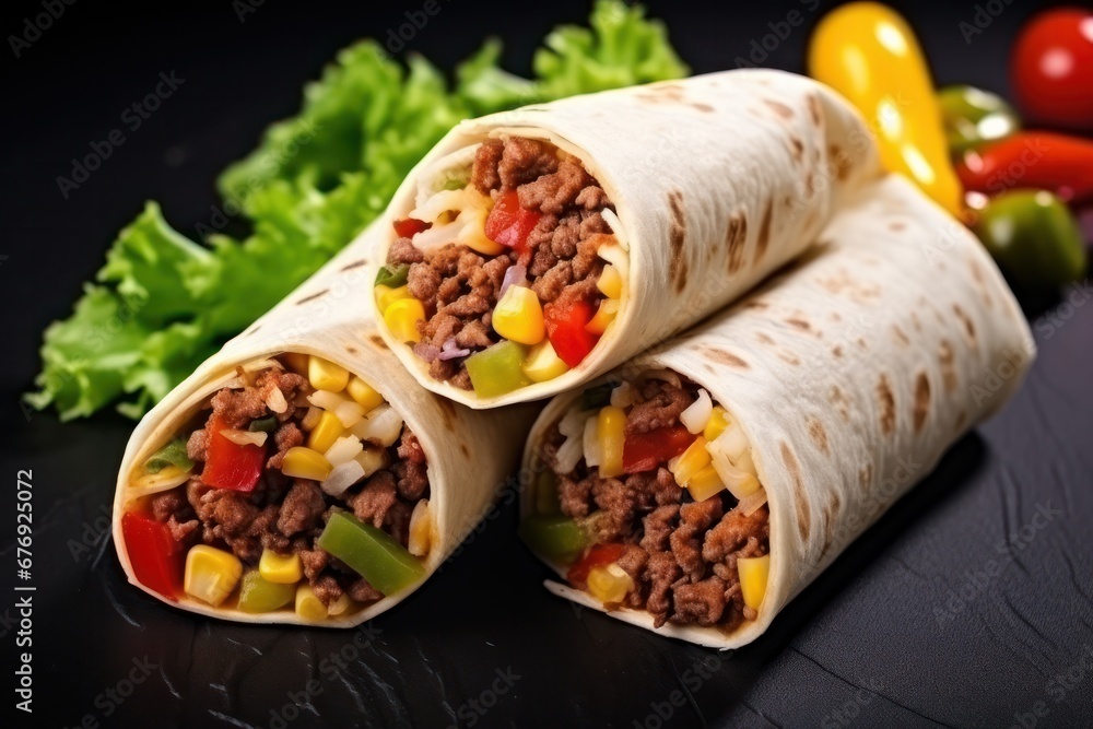 Burrito with meat, vegetables and spices on a wooden board