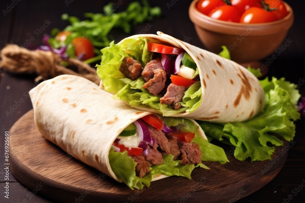 Burrito with meat, vegetables and spices on a wooden board