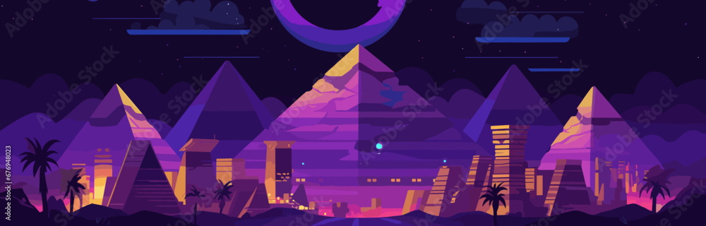 Night futuristic neon Egyptian city with pyramid background. Dark cyber architecture landmark in a desert landscape. Illuminated purple antique environment. A dreamy cityscape of Cairo in the moonligh