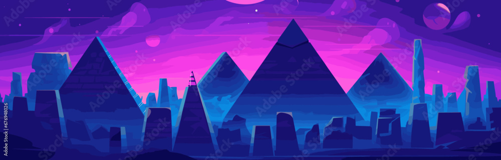 Night futuristic neon Egyptian city with pyramid background. Dark cyber architecture landmark in a desert landscape. Illuminated purple antique environment. A dreamy cityscape of Cairo in the moonligh