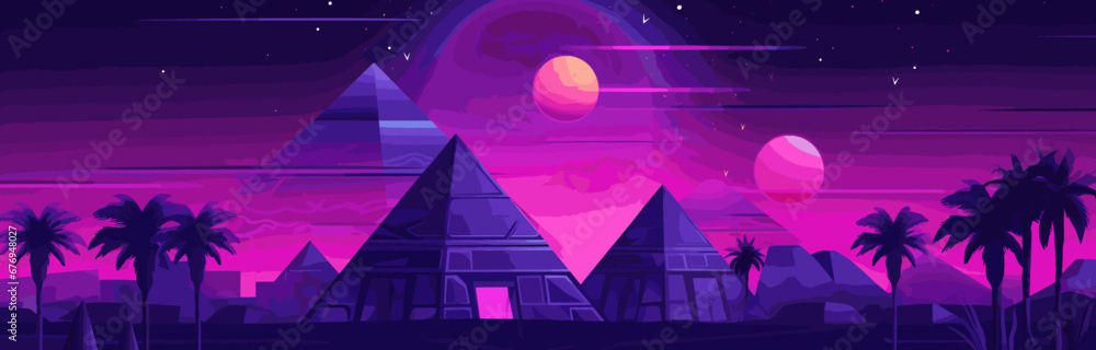 Night futuristic neon Egyptian city with pyramid background. Dark cyber architecture landmark in a desert landscape. Illuminated purple antique environment. A dreamy cityscape of Cairo in the moonligh