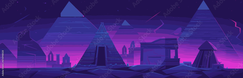 Night futuristic neon Egyptian city with pyramid background. Dark cyber architecture landmark in a desert landscape. Illuminated purple antique environment. A dreamy cityscape of Cairo in the moonligh