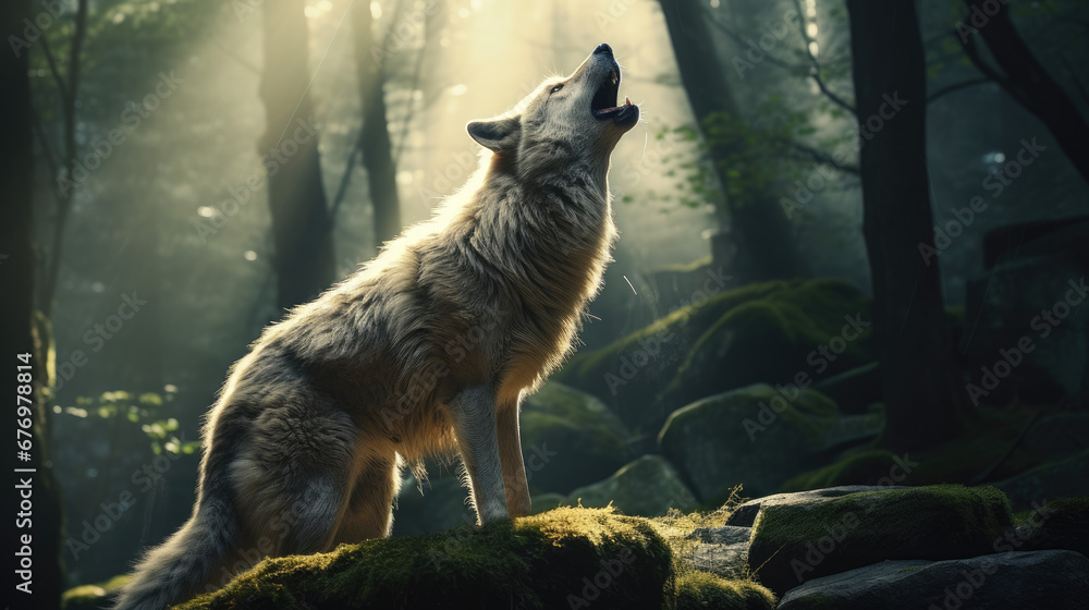 Wolf howling in the forest landscape