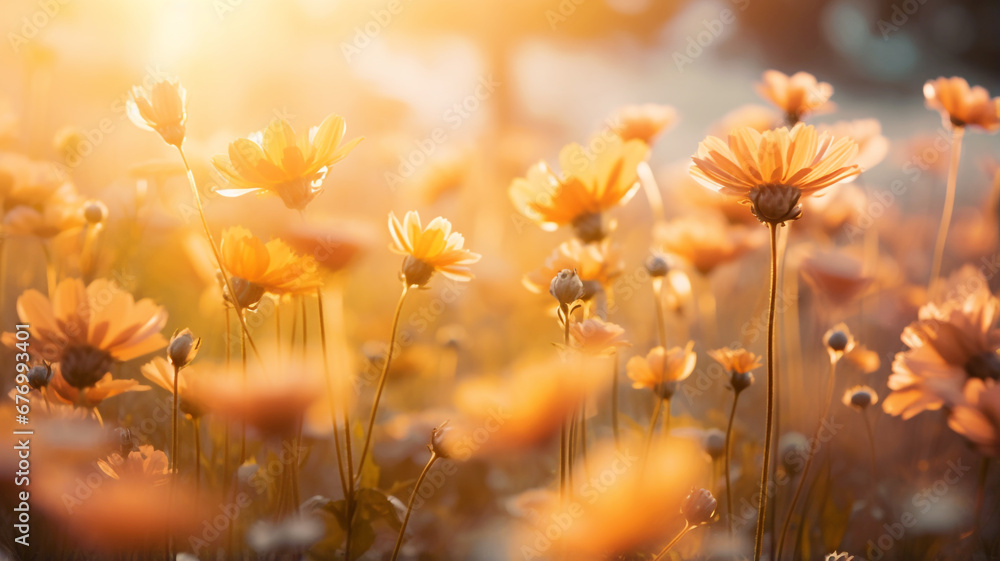 Field full of autumn flowers at sunrise