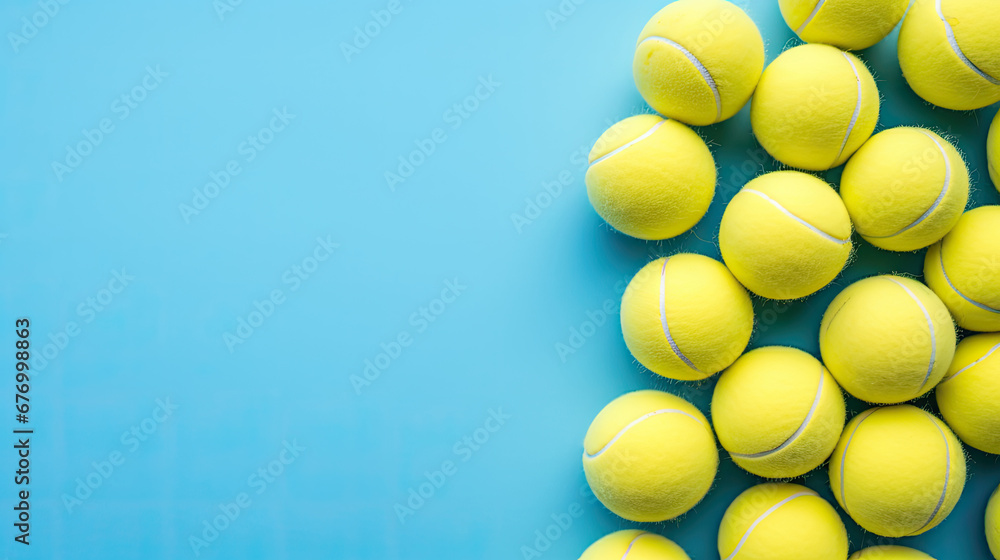 yellow tennis balls on a blue background with copy space for text