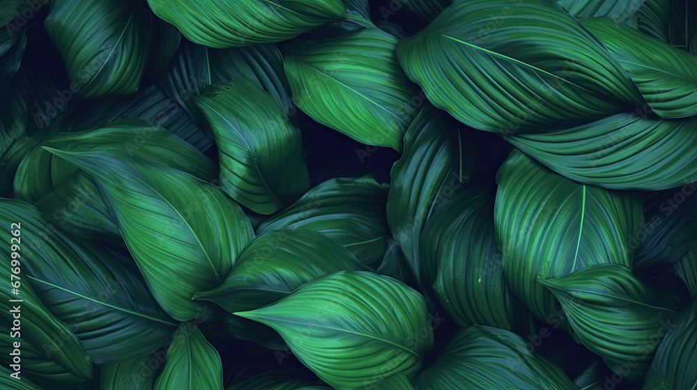 leaves background,  leaves of Spathiphyllum cannifolium, abstract green texture, nature background, tropical leaf