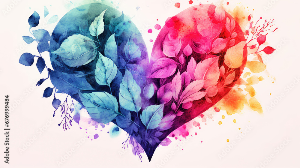 Watercolor heart of flowers, bouquet of flowers