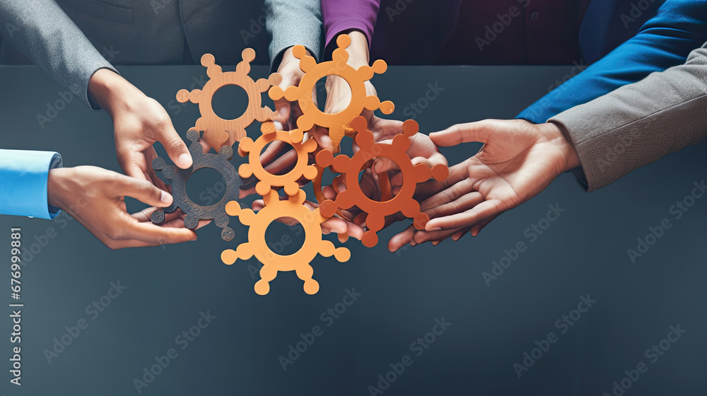 business people holding cog wheel as unity and teamwork in corporate workplace concept, top view