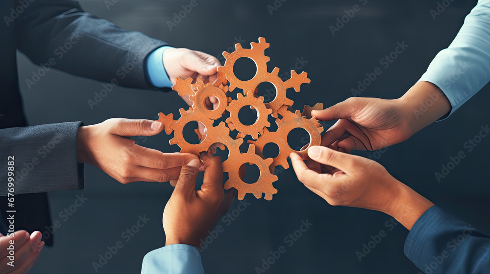 business people holding cog wheel as unity and teamwork in corporate workplace concept, top view