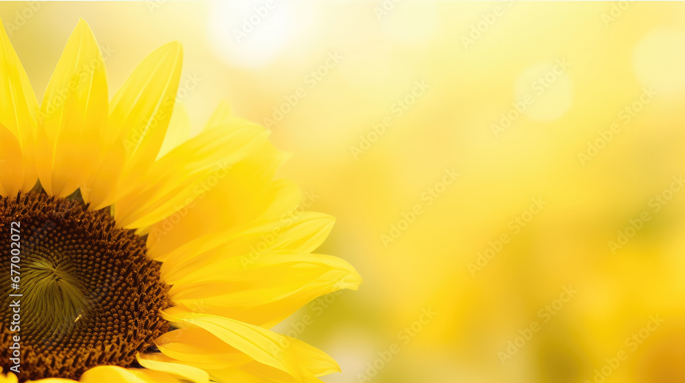 Sunflowers on a yellow background. Copy space. Top view