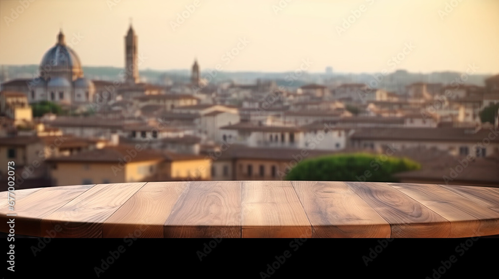 view  empty wooden table top with blur background of Rome