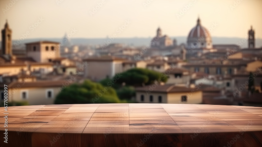 view  empty wooden table top with blur background of Rome