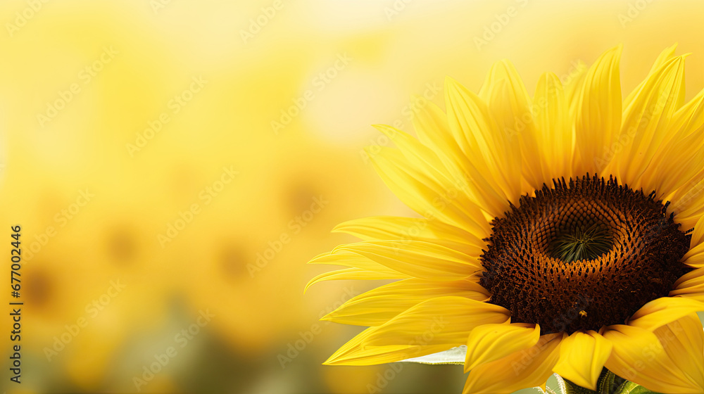 Sunflowers on a yellow background. Copy space. Top view